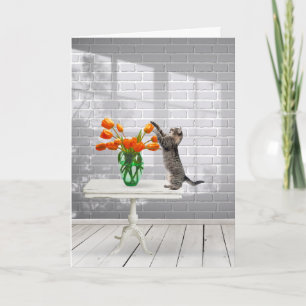 Carte Chat avec Tulipes Orange Anniversaire