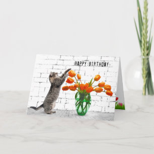 Carte Chat avec Tulipes Orange Anniversaire