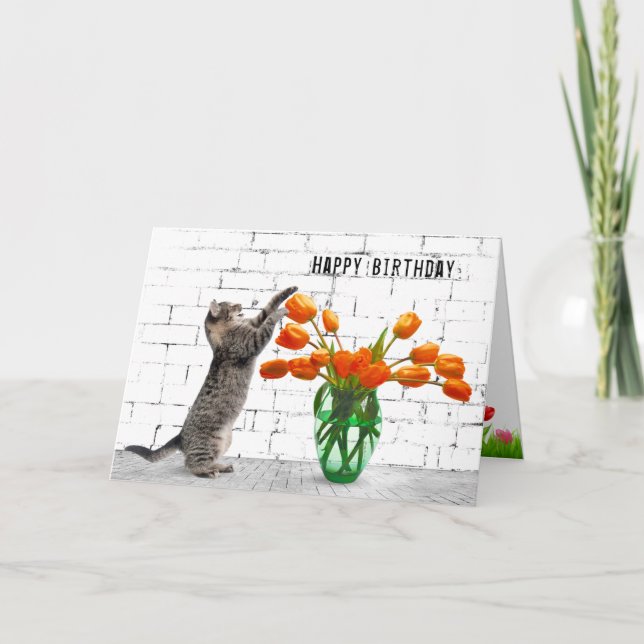 Carte Chat avec Tulipes Orange Anniversaire (Devant)