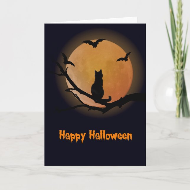 Carte Chat avec une pleine lune Halloween (Devant)
