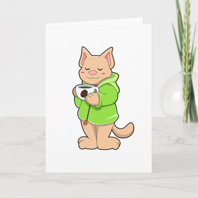 Carte Chat avec une tasse de café et un pyjama (Devant)