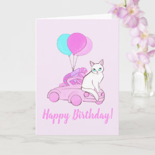 Carte Chat avec voiture rose et ballons