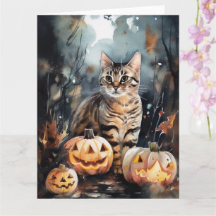 Carte Chat Bengal d'Halloween avec citrouilles effrayant
