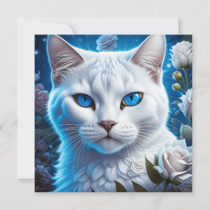 Carte Chat blanc aux yeux bleus brillants Floral 