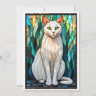 Carte Chat blanc aux yeux verts de style vitrail