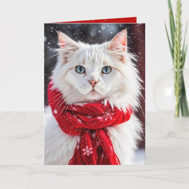 Carte Chat blanc de Noël avec Écharpe rouge (Devant)