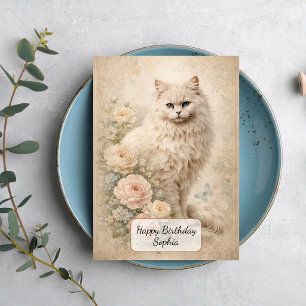 Carte Chat Blanc Fluffy avec des Roses