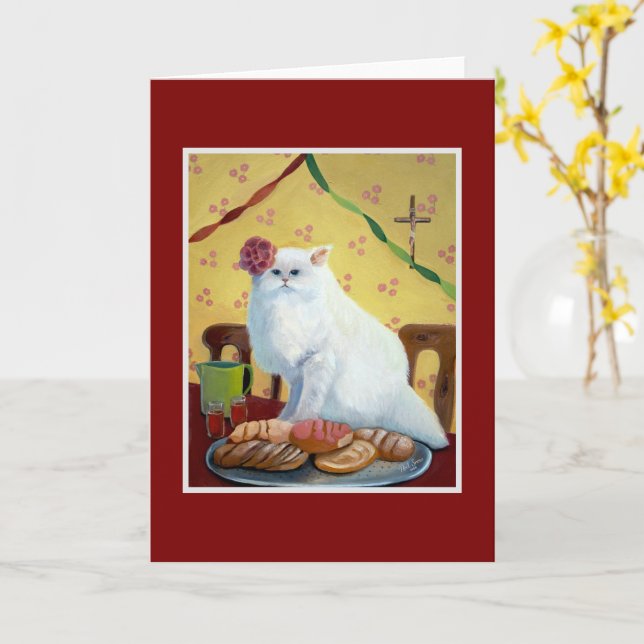 Carte Chat blanc inspiré par la tradition mexicaine (Fleur jaune)