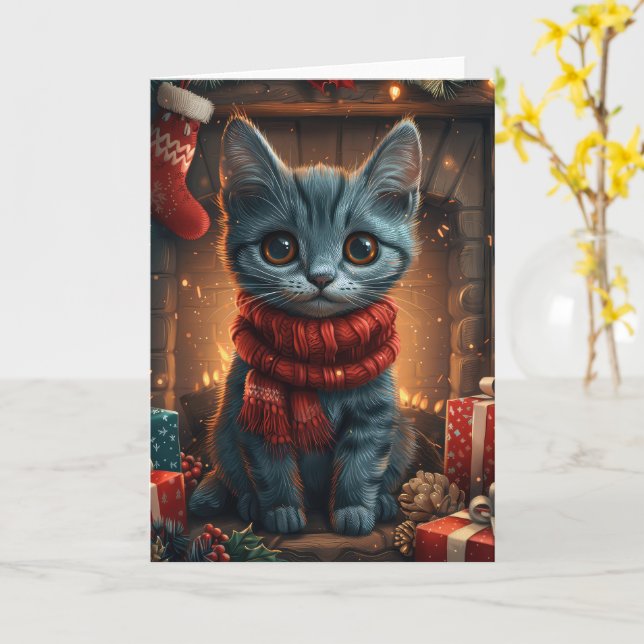 Carte Chat Bleu Oriental Avec Cheminée De Cadeau De Noël (Fleur jaune)