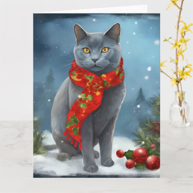 Carte Chat bleu russe à Noël de neige (Fleur jaune)