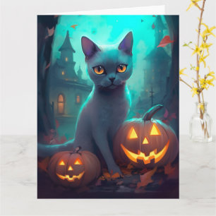 Carte Chat bleu russe d'Halloween avec la peur Citrouill