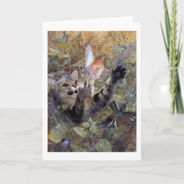 Carte Chat Catching a Bird, Bruno Liljefors (Devant)