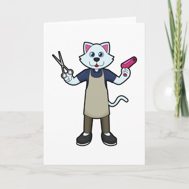 Carte Chat coiffeur avec ciseaux & sèche-cheveux (Devant)