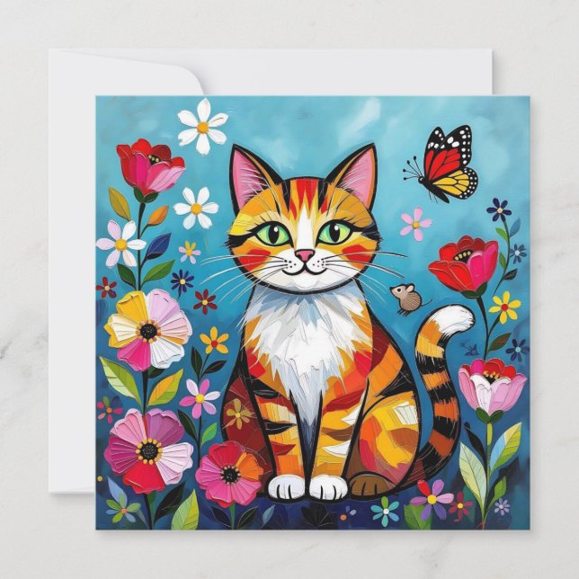 Carte Chat Coloré, Fleurs et Papillon  (Devant)
