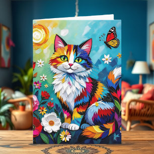 Carte Chat Coloré, Fleurs & Papillon Anniversaire
