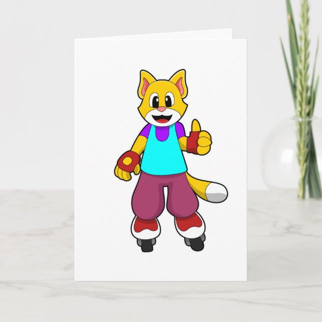 Carte Chat comme patineur avec patins en ligne (Devant)