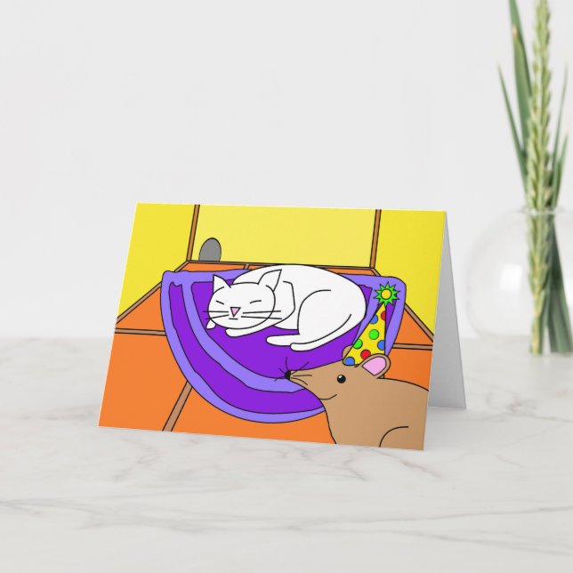 Carte Chat couché Anniversaire, Souris avec Casquette de (Devant)