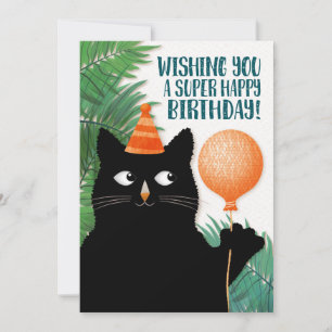 Carte Chat d'anniversaire avec casquette de fête et ball