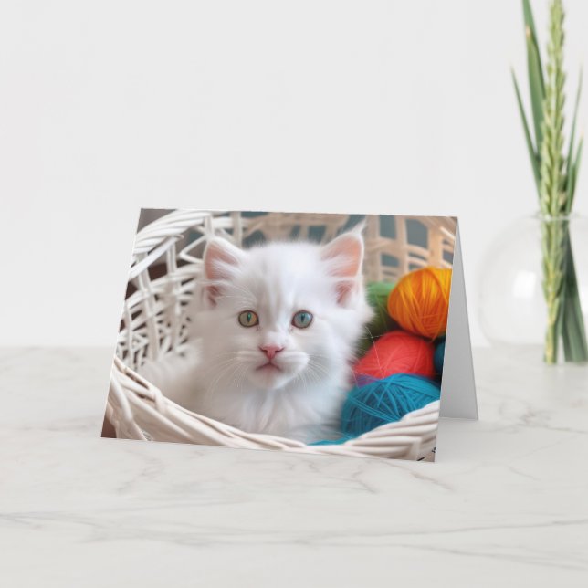 Carte Chat d'anniversaire dans un panier de fil (Devant)