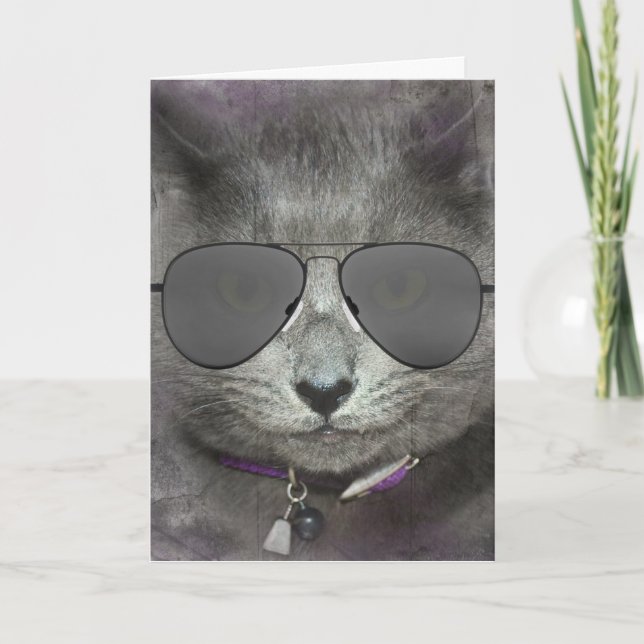 Carte Chat d'anniversaire gris avec lunettes de soleil A (Devant)