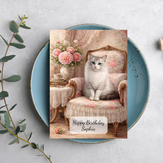 Carte Chat dans un fauteuil fleuri