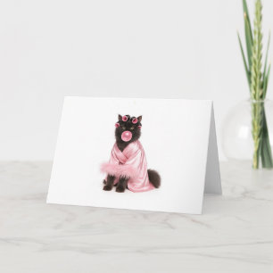 Carte Chat dans une robe rose avec bigoudis et bubble-gu