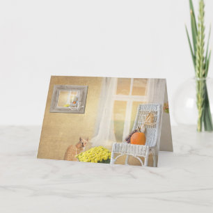 Carte chat d'automne avec la fenêtre-pensée à vous