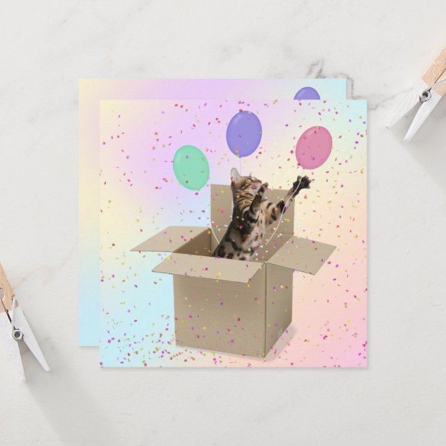 Carte Chat de fête d'anniversaire surprise dans la boîte (Devant/Arrière en situation)
