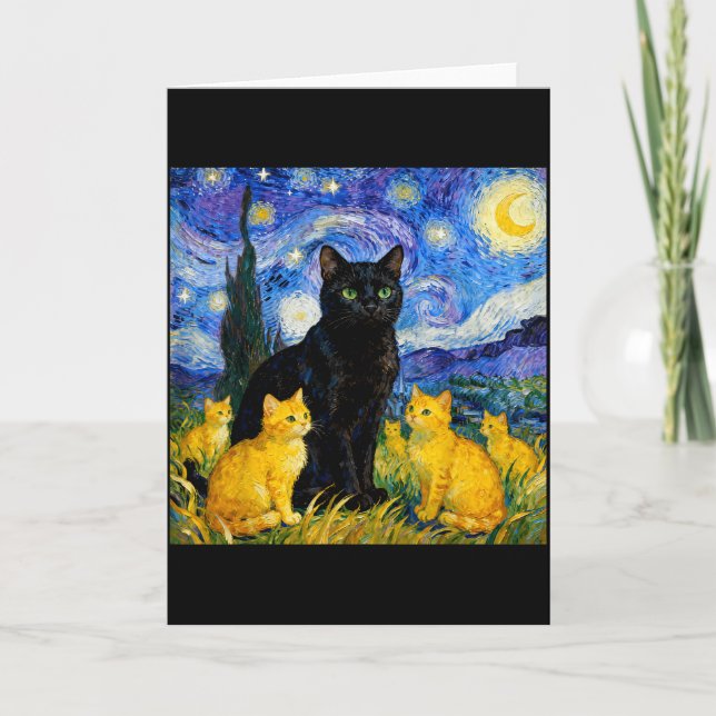 Carte Chat de la Nuit Étoilée Artistique Chat Noir & Cha (Devant)