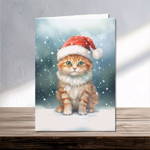 Carte Chat de Noël à Santa Hat en famille d'hiver