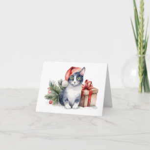 Carte Chat de Noël aquarelle avec cadeau
