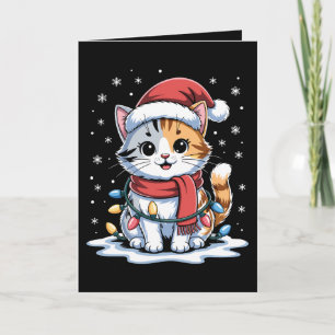 Carte Chat de Noël Chapeau de Père Noël Écharpe Lumières