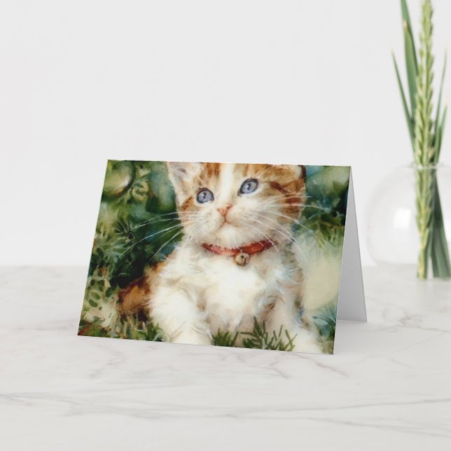 Carte Chat de Noël fluffy Aquarelle (Devant)