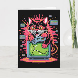 Carte Chat de rage en pixel art pour joueur rétro, Glitc