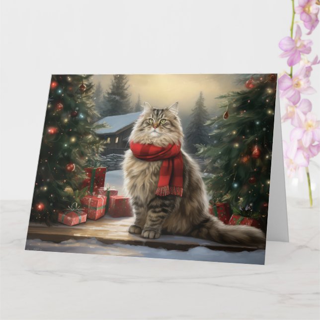 Carte Chat de Sibérie en Noël de Neige (Orchidée)