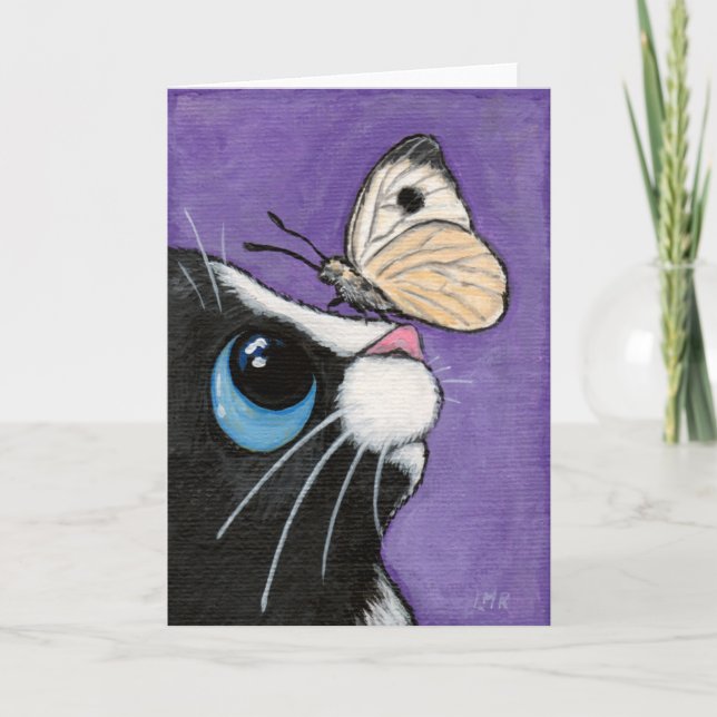 Carte Chat de smoking et peinture blanche de papillon (Devant)