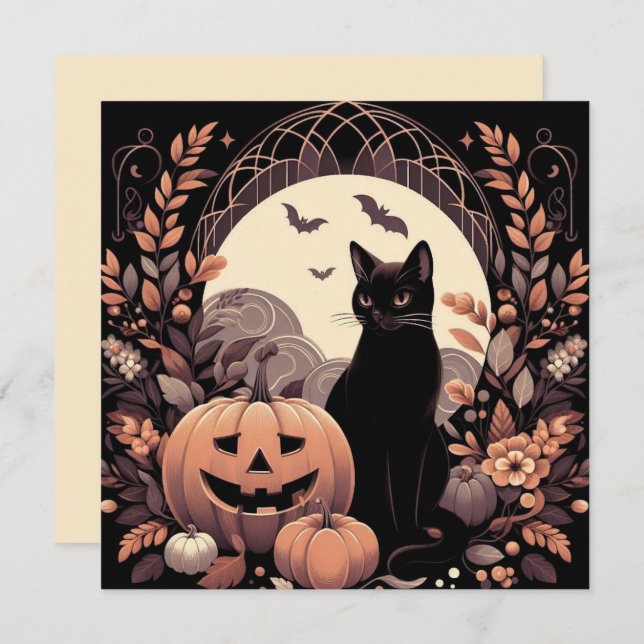 Carte Chat d'Halloween et citrouille épouvantable (Devant / Derrière)