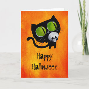Carte Chat d'Halloween noir avec crâne
