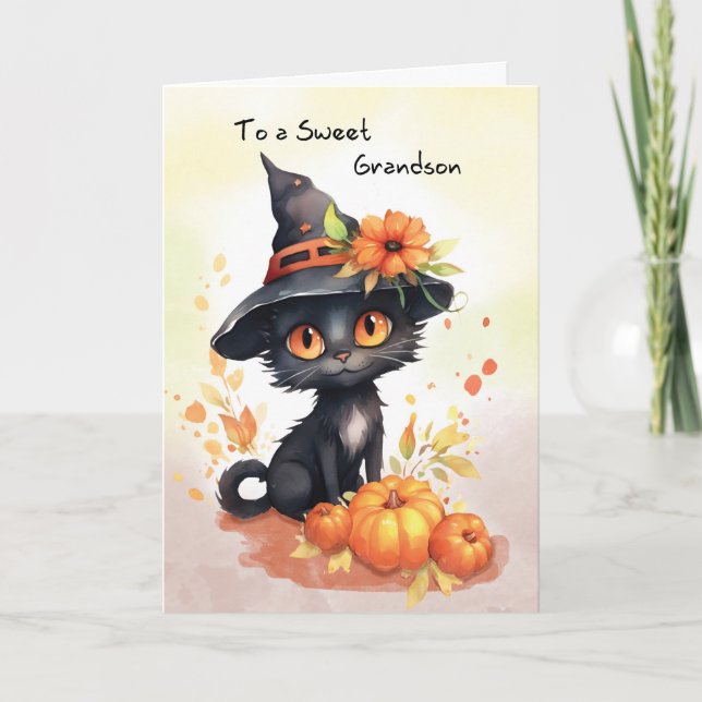 Carte Chat d'Halloween sucré de petit-fils (Devant)