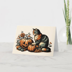 Carte Chat d'Halloween vintage et Citrouille