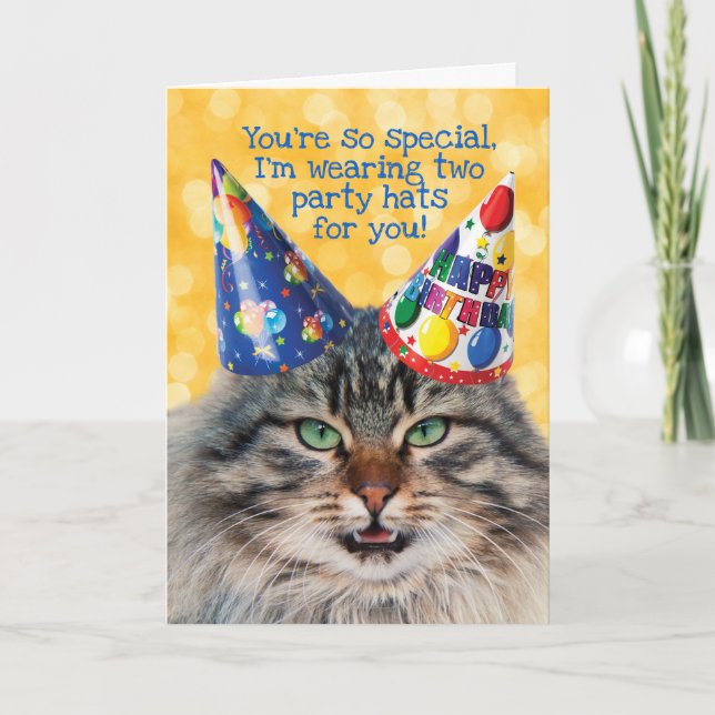 Carte Chat Drôle Avec Deux Casquettes De Fête Salutation (Devant)