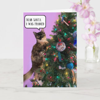 Carte Chat drôle dans le pétrin avec Santa Noël