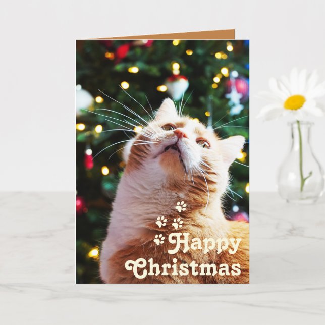 Carte Chat drôle et arbre vert & Joyeux Noël Unique    (Petite plante)