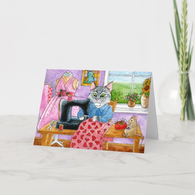 Carte Chat drôle, Souris, couturier, couturier (Devant)