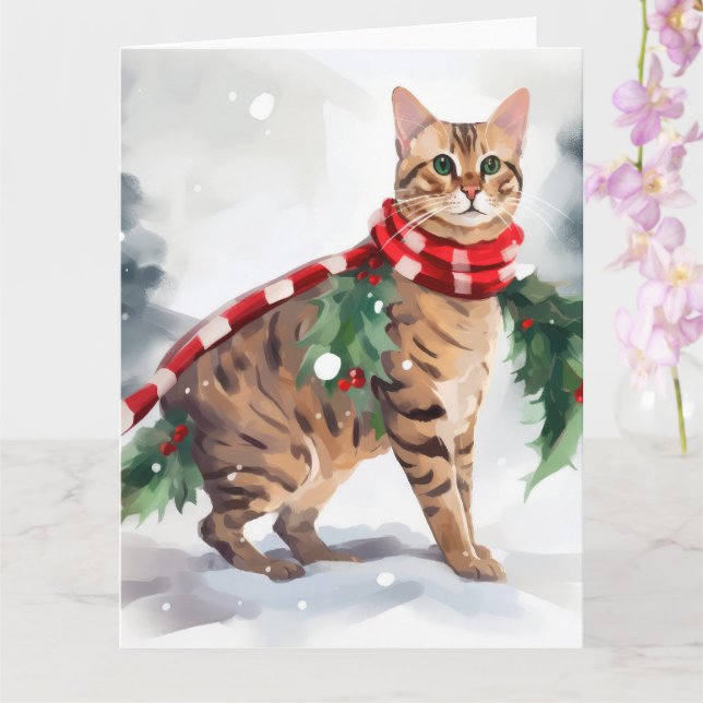 Carte Chat du Bengale à Noël de neige (Orchidée)
