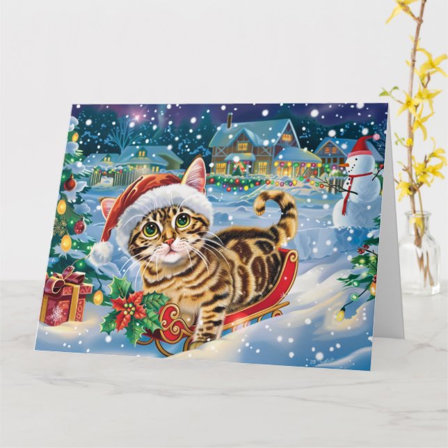 Carte Chat du Bengale à Sleigh Noël de neige (Fleur jaune)