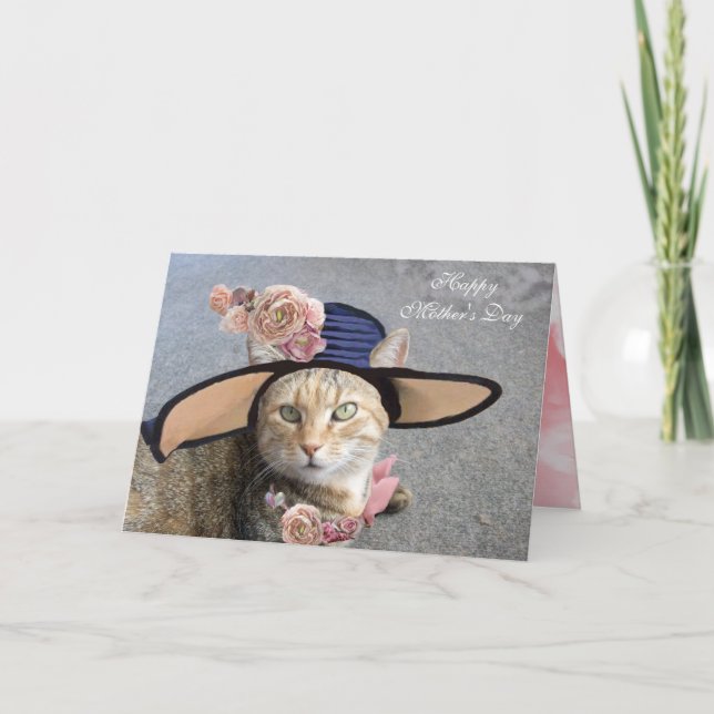 CARTE CHAT ÉLÉGANT AVEC CASQUETTE DIVA, ROSES ROSES ROSE (Devant)