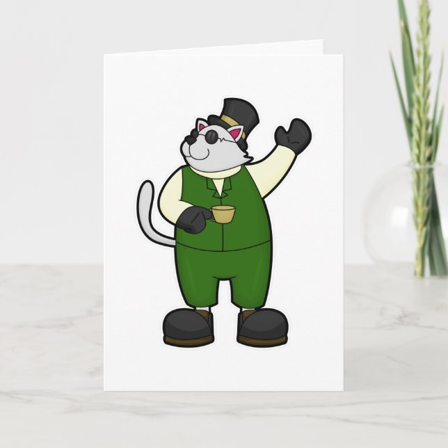 Carte Chat en chambre avec café et Casquette (Devant)