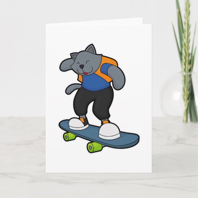Carte Chat en Skateboarder avec planche à roulettes (Devant)