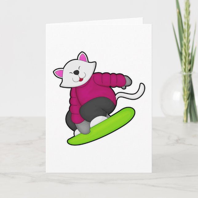 Carte Chat en tant que snowboardeur avec snowboard (Devant)